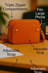 Women’s Triple-Zip Crossbody Bag – Classic PU Leather Shoulder Purse with Adjustable Strap | Lightweight, Multi-Compartment Travel Handbag